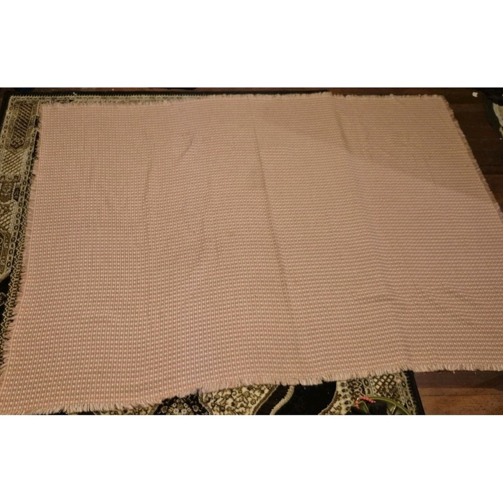 Vintage Woven Fringe Throw Blanket Tan Cream‎ Check 78x57 Boho Cottagecore
